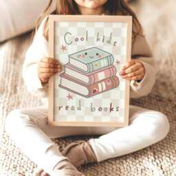 Cool Kids Read Books in Pastel, Cute Checkered Pattern Girls Prints, Retro Bedroom Playroom, Scandi Nursery Decor - thumbnail 1