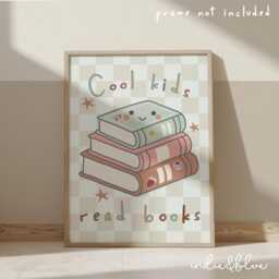 Cool Kids Read Books in Pastel, Cute Checkered Pattern Girls Prints, Retro Bedroom Playroom, Scandi Nursery Decor - thumbnail 2