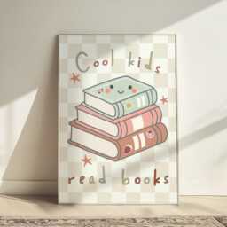 Cool Kids Read Books in Pastel, Cute Checkered Pattern Girls Prints, Retro Bedroom Playroom, Scandi Nursery Decor - thumbnail 3