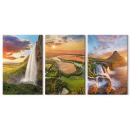 Set Of 3 Canvas Prints - Waterfalls, Mountain Landscapes & Rivers At Sunset, Orange Print, Wall Decor - thumbnail 1