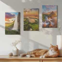 Set Of 3 Canvas Prints - Waterfalls, Mountain Landscapes & Rivers At Sunset, Orange Print, Wall Decor - thumbnail 2