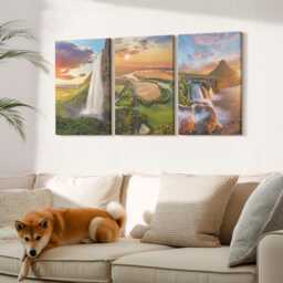 Set Of 3 Canvas Prints - Waterfalls, Mountain Landscapes & Rivers At Sunset, Orange Print, Wall Decor - thumbnail 3