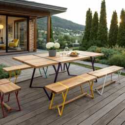 Outdoor Folding Wooden Table, Patio Dining Industrial Primitive Metal Table Base Furniture, ??id Century Modern Restaurant Interior - thumbnail 3