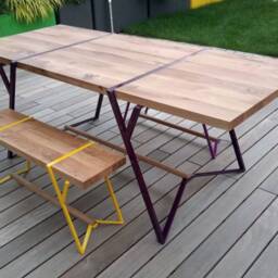 Outdoor Folding Wooden Table, Patio Dining Industrial Primitive Metal Table Base Furniture, ??id Century Modern Restaurant Interior - thumbnail 2