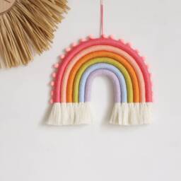 Crayon Macrame Rainbow Wall Hanging With Pompoms, Fiber Rainbow, Nursery Wall Decor - thumbnail 2
