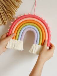 Macrame Rainbow Wall Hanging, Fiber Nursery Decor With Pompoms