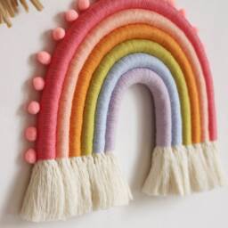 Macrame Rainbow Wall Hanging, Fiber Nursery Decor With Pompoms - thumbnail 4