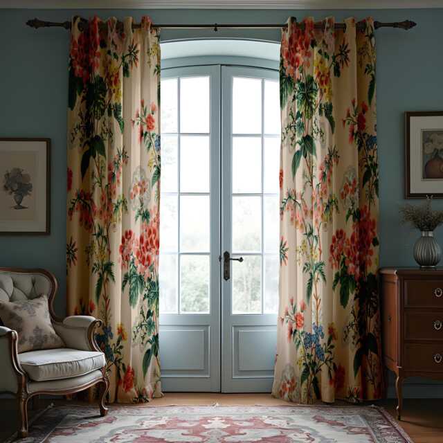 Classic Tropical Floral Curtains, Beige & Botanical Print Drapes, Flower Pattern Window Treatment, Custom Length Panel Curtains - image 1