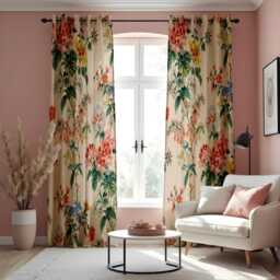 Classic Tropical Floral Curtains, Beige & Botanical Print Drapes, Flower Pattern Window Treatment, Custom Length Panel Curtains - thumbnail 2