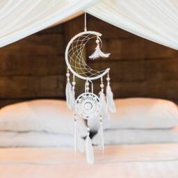 White Moon Dream Catcher, Catcher Wall Hanging, Phases Decor, Nursery Decor Crescent Dreamcatcher Crochet - thumbnail 2