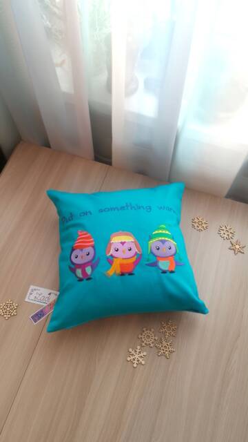 "Blue Linen Decorative Pillowcase With Embroidery ""Owls in Hats" - image 1