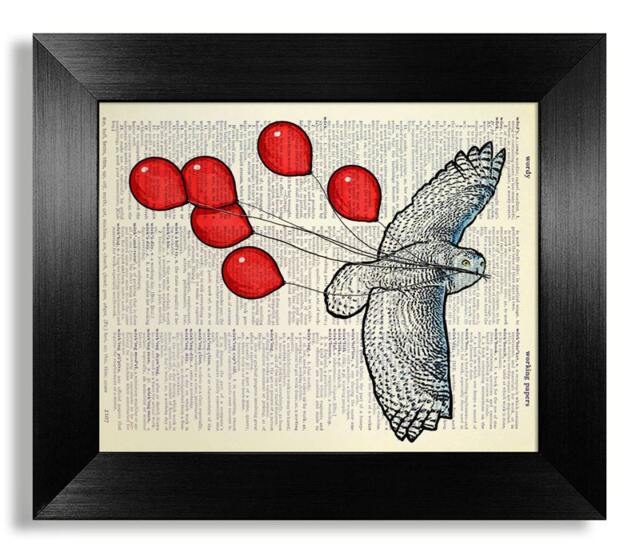 White Owl Decor, White Owl Painting, Decorative Wall Art, Print, Poster, Red Balloon Decor