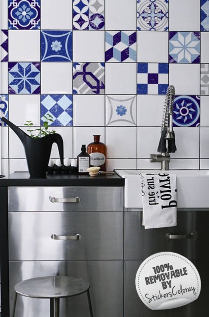 Retro Blue Tiles, Pack Of 24, Mexican Ceramic Self Adhesive, Wall Decal, Tile Stickers, Repositionable, Easy Stick #37T - image 1