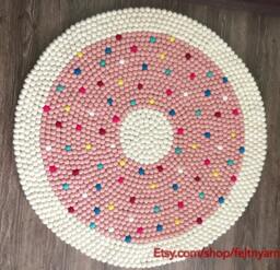 Cute Donut Pom Rug - Stylish Wool Felt Round Floor Mat For Living Room, Bedroom, & Nursery Eco-Friendly Ball - thumbnail 1