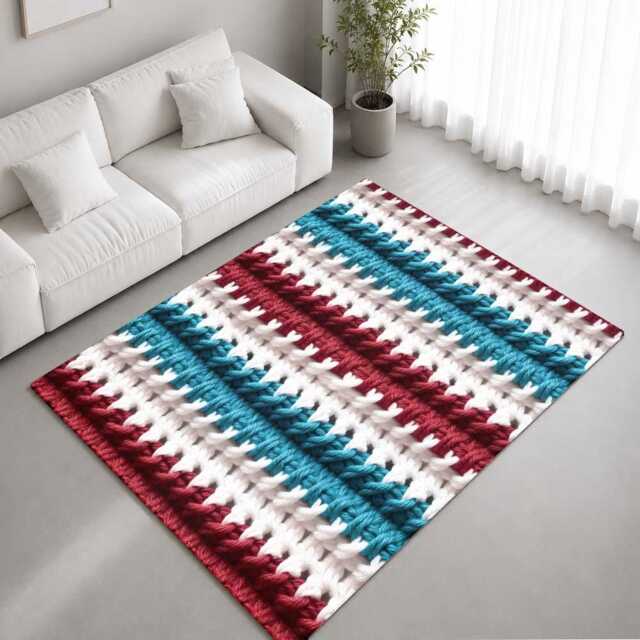Red White Teal Crochet Stripe Texture Rug Non-Slip Soft Area Carpet Bedroom Living Room Hallway Mat Decor - Made in UK - image 1