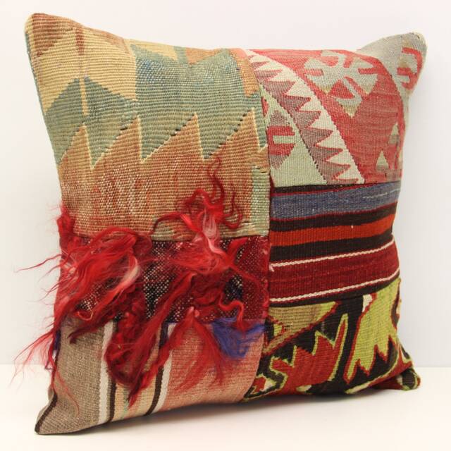 Handmade Patchwork Kilim Pillow Cover, Turkish Woven Accent - 18x18 Inch - image 1