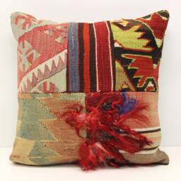 Handmade Patchwork Kilim Pillow Cover, Turkish Woven Accent - 18x18 Inch - thumbnail 2