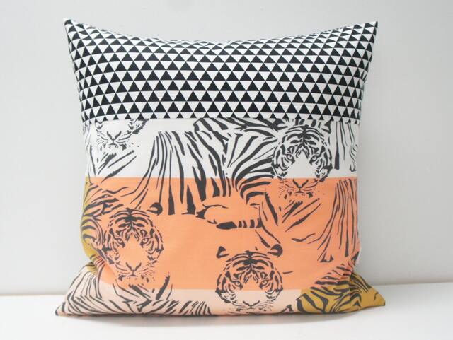 Pillow Covers - Patchwork Cover, 20x20, Tigers Black, White, Mustard & Coral, Triangles, Geometric - image 1