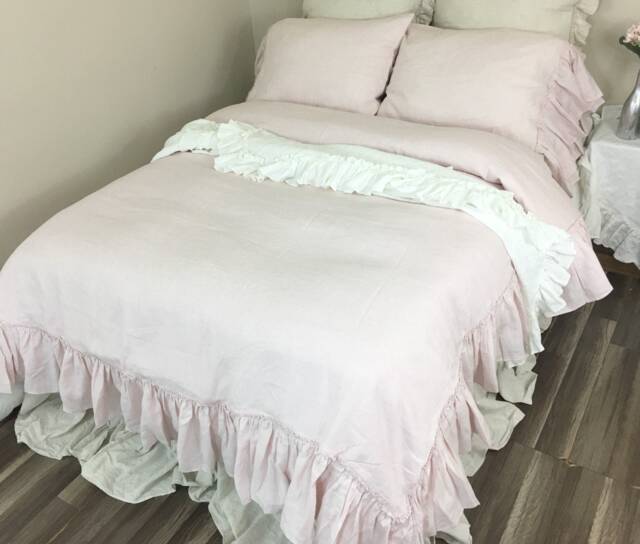 Blush Pink Linen Duvet Cover With Country Mermaid Long Ruffles, Shabby Chic Bedding, Made To Order - image 1
