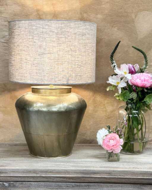 Brass Table Lamp With Linen Shade - Wide Curved Base Design - image 1