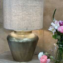Brass Table Lamp With Linen Shade - Wide Curved Base Design - thumbnail 2