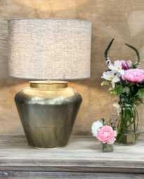 Brass Table Lamp With Linen Shade - Wide Curved Base Design - thumbnail 1