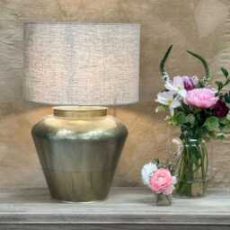Brass Table Lamp With Linen Shade - Wide Curved Base Design - thumbnail 3
