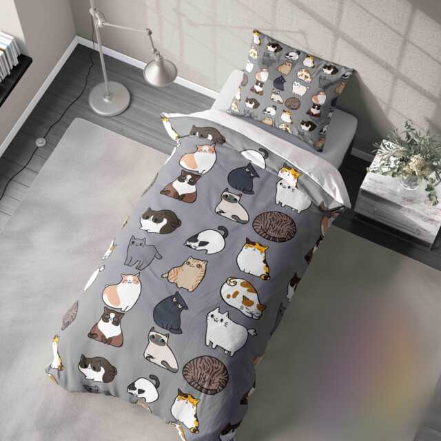 Cute Cat Illustration Duvet Cover - Custom Background Colour Fun Fake Kitty Bedding Optional Pillowcase Pet Lovers Bedroom Decor Gift - image 1