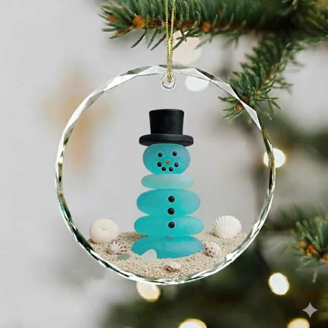 Snowman Seaglass Ornament, Glass Family Christmas Gift, Coastal Holiday Decor, Beach Tree Decoration - image 1