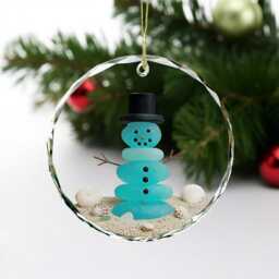 Snowman Seaglass Ornament, Glass Family Christmas Gift, Coastal Holiday Decor, Beach Tree Decoration - thumbnail 3