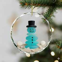 Snowman Seaglass Ornament, Glass Family Christmas Gift, Coastal Holiday Decor, Beach Tree Decoration