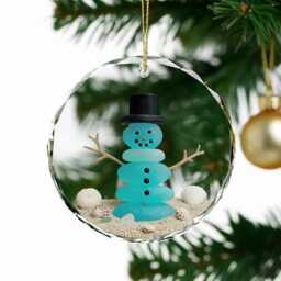 Snowman Seaglass Ornament, Glass Family Christmas Gift, Coastal Holiday Decor, Beach Tree Decoration - thumbnail 2