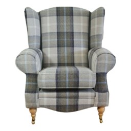 Queen Anne Wingback Fireside Chair Balmoral Tartan, Brass Castor Legs - thumbnail 2