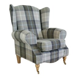 Queen Anne Wingback Fireside Chair Balmoral Tartan, Brass Castor Legs