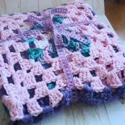 Handmade Crochet Cotton Baby Blanket Pink, Purple, Teal Stroller Throw - thumbnail 2