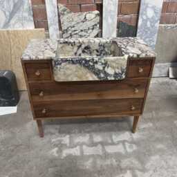 Apron Front Calacatta Viola Marble Sink With Walnut Vanity - Handmade Natural Stone Bathroom Console For Elegant Powder Room Decor M6F003 - thumbnail 2
