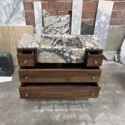Apron Front Calacatta Viola Marble Sink With Walnut Vanity - Handmade Natural Stone Bathroom Console For Elegant Powder Room Decor M6F003 - thumbnail 4