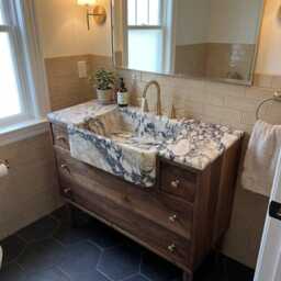 Apron Front Calacatta Viola Marble Sink With Walnut Vanity - Handmade Natural Stone Bathroom Console For Elegant Powder Room Decor M6F003