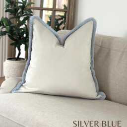 Ivory Velvet Cushion Cover Fringed Throw Pillow, Custom Sizes - thumbnail 4