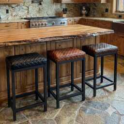 Diamond Stitched Leather Bar Stool, Steel Frame, Counter Kitchen Seating, Modern Barstool - Fp