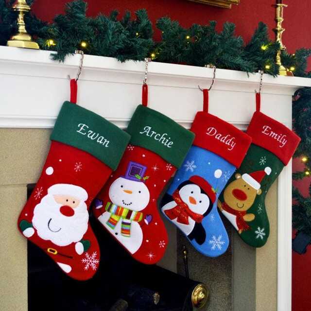 Personalised Embroidered Stocking With Name - Luxury Red Christmas Santa, Penguin, Snowman Or Reindeer Design UK Gift - image 1