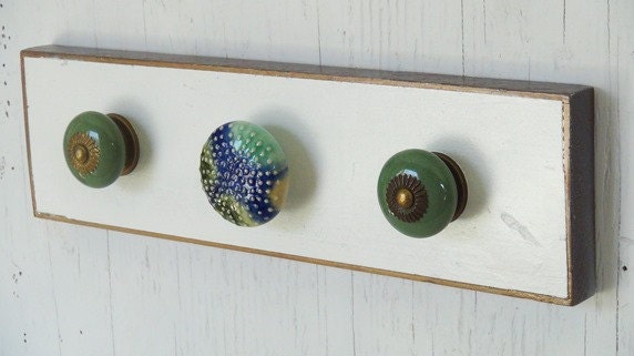 "Wall Hanging Organizer with Ceramic Bronze Hooks On Distressed Crackled White Blue, Original ""Bauble Board" - image 1