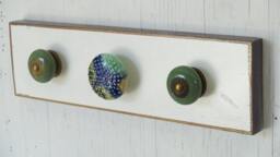 "Wall Hanging Organizer with Ceramic Bronze Hooks On Distressed Crackled White Blue, Original ""Bauble Board"