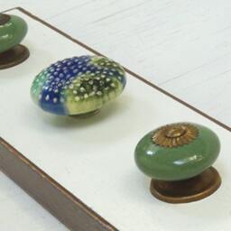 "Wall Hanging Organizer with Ceramic Bronze Hooks On Distressed Crackled White Blue, Original ""Bauble Board" - thumbnail 3