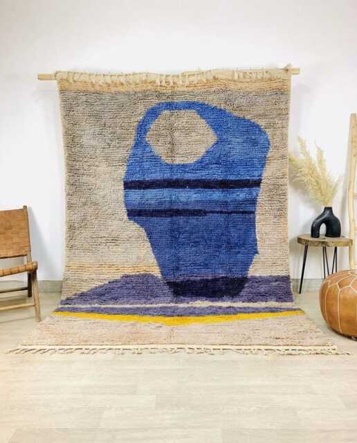 Abstract Blue Vase Rug, Organic Shape Moroccan Carpet, Modern Geometric Large Area Handmade Berber Shag Artistic Home Decor - image 1