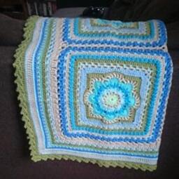 Heirloom Crochet Baby Blanket Blue, Green, & Gray Acrylic Yarn - thumbnail 2
