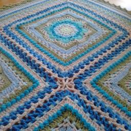 Heirloom Crochet Baby Blanket Blue, Green, & Gray Acrylic Yarn