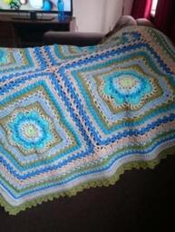 Heirloom Crochet Baby Blanket Blue, Green, & Gray Acrylic Yarn - thumbnail 3