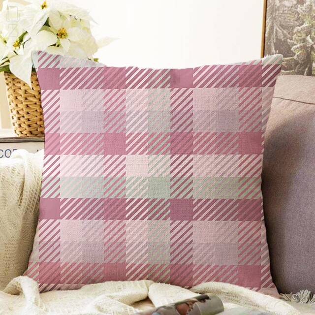 Pink Plaid Chenille Pillow Cover Tartan Cushion, Double Sided - image 1
