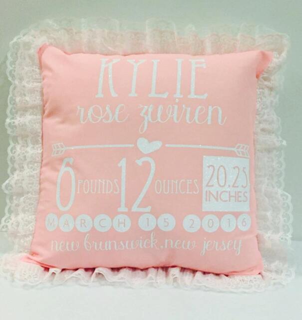 Personalized Birth Announcement Pillow With Lace Detail